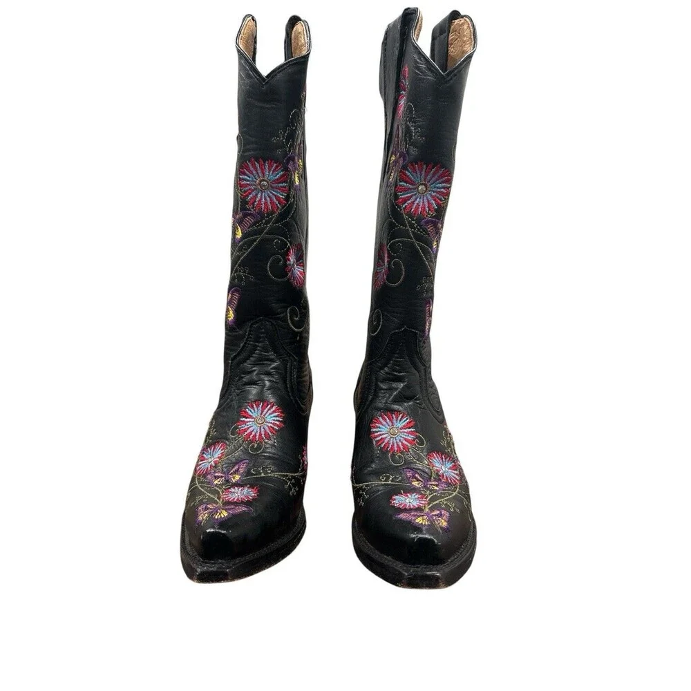 Cowboy Pro Black Leather Western Boots Floral Butterfly Embroidered Handmade 6.5